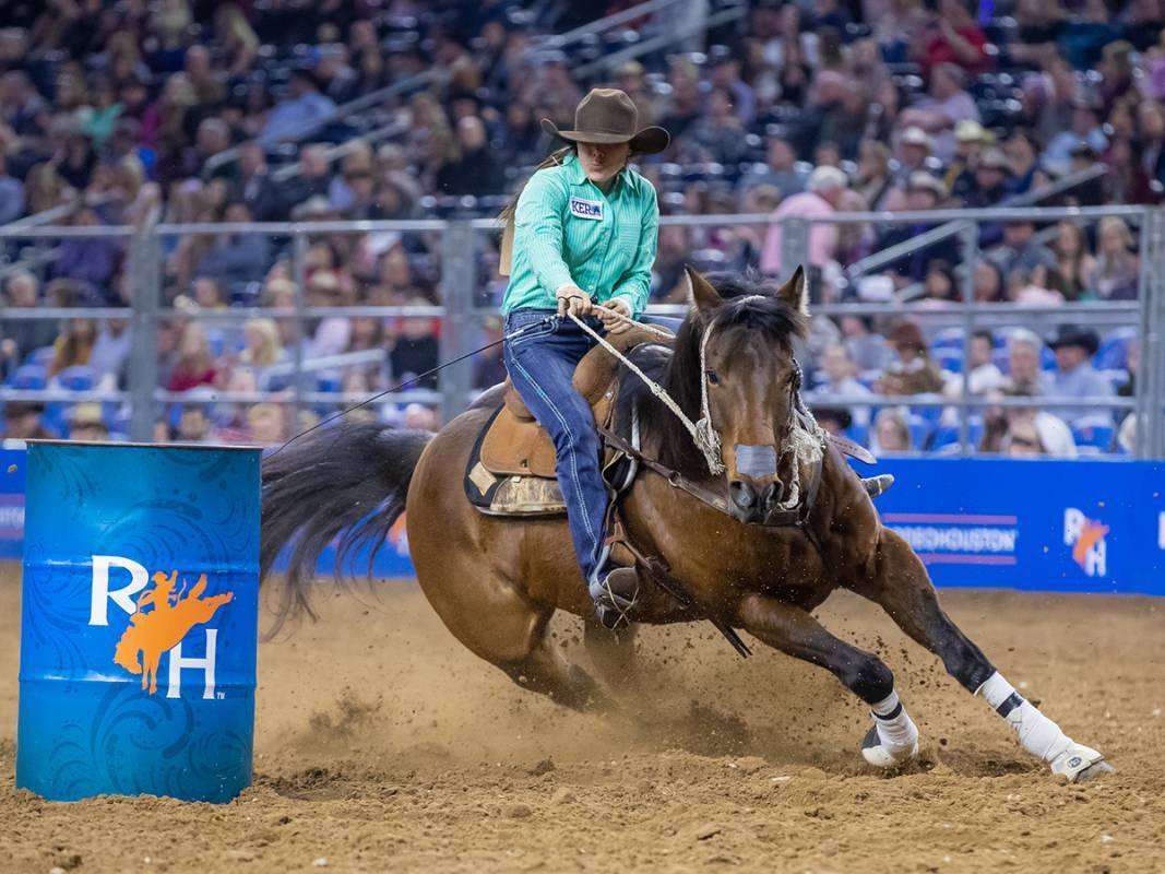 Sponsored rider Kaylee Gallino riding JC Truly Bob in the barrel race at Rodeo Houston